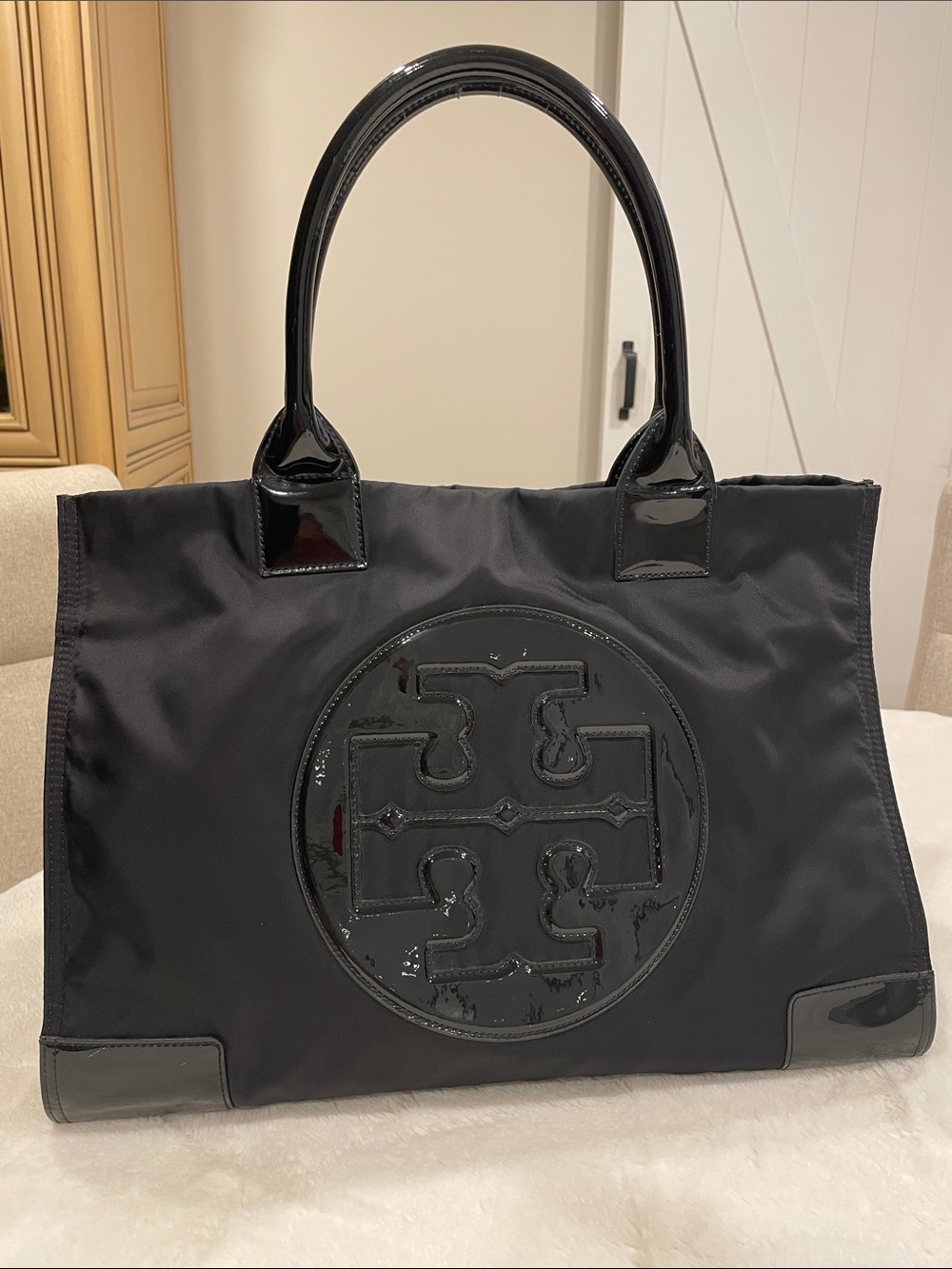 Tory Burch Ella Black Nylon Tote with Patent Leather Trim